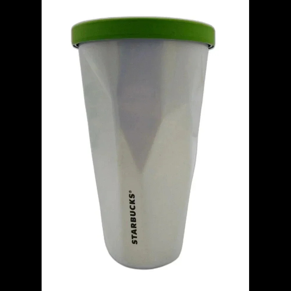 2012 16oz Starbucks White Steel Chiseled Tumbler Cold Cup w/ Green Lid No Straw